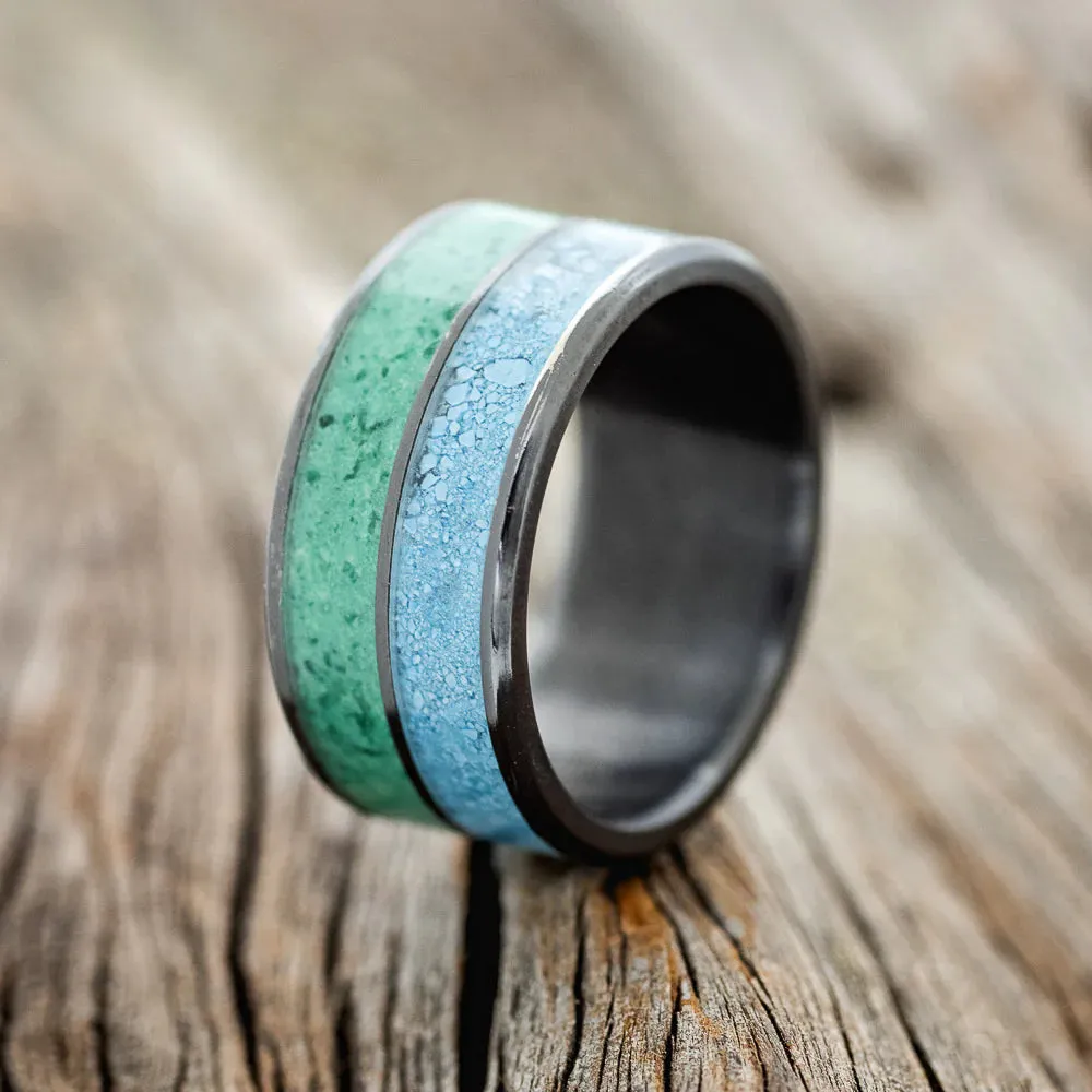 "DYAD" - MALACHITE & TURQUOISE WEDDING RING - BLACK ZIRCONIUM - SIZE 10