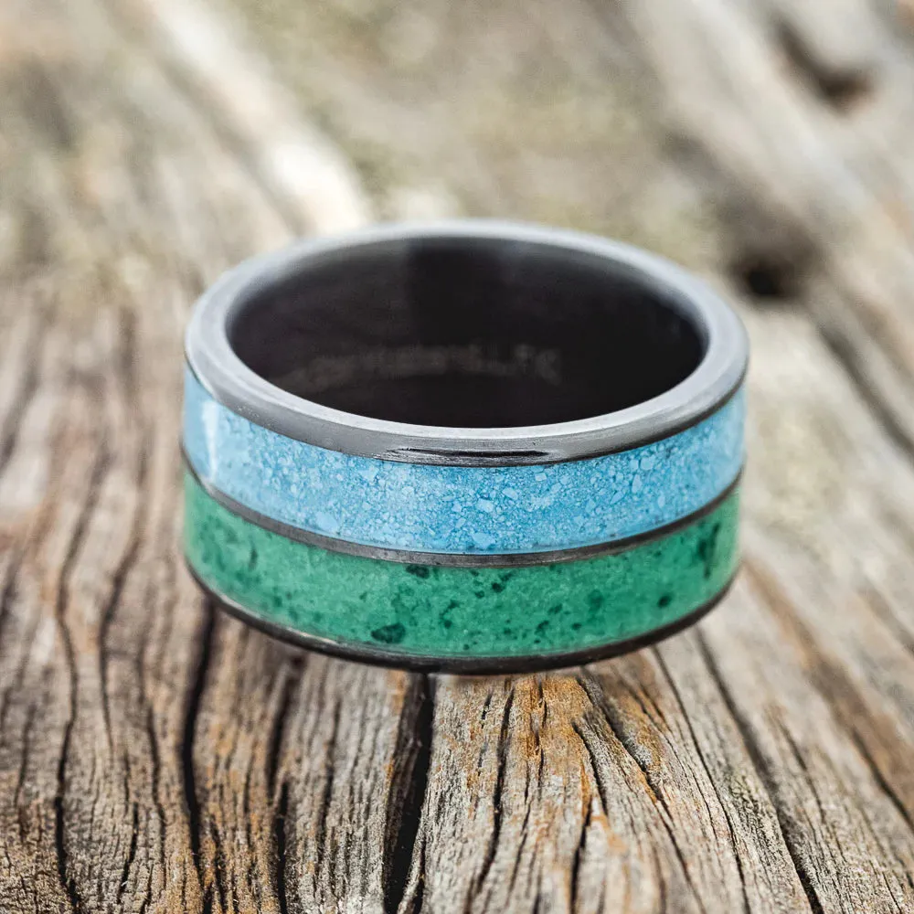 "DYAD" - MALACHITE & TURQUOISE WEDDING RING - BLACK ZIRCONIUM - SIZE 10