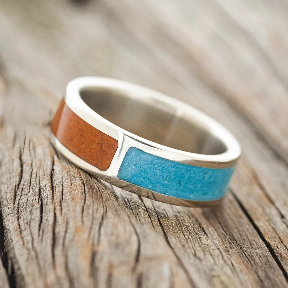 "JANUS" - TERRACOTTA & TURQUOISE SPLIT WEDDING BAND - 14K WHITE GOLD - SIZE 6 1/2