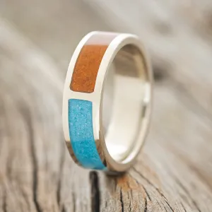 "JANUS" - TERRACOTTA & TURQUOISE SPLIT WEDDING BAND - 14K WHITE GOLD - SIZE 6 1/2