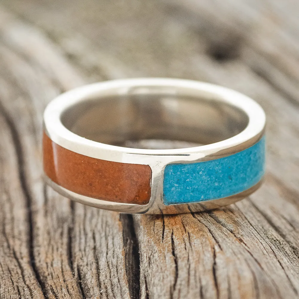 "JANUS" - TERRACOTTA & TURQUOISE SPLIT WEDDING BAND - 14K WHITE GOLD - SIZE 6 1/2