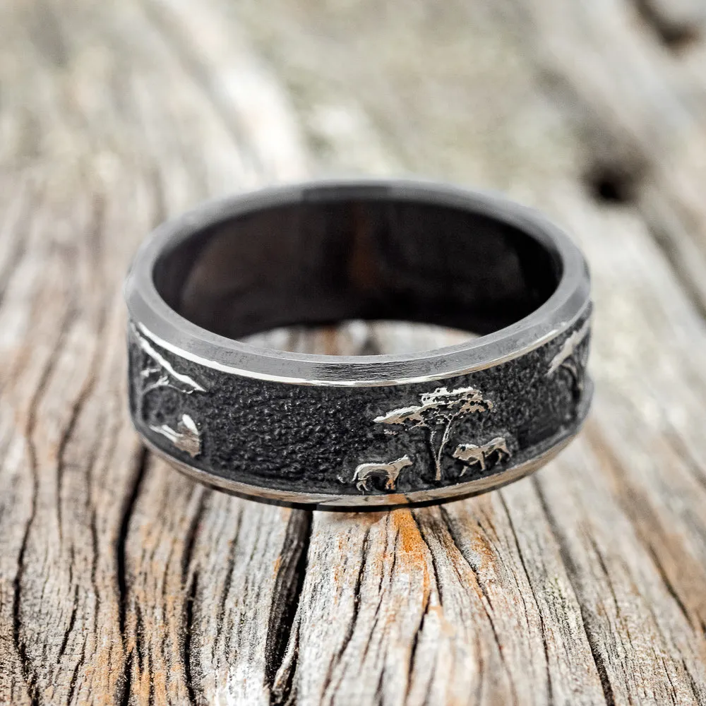 "LEGACY"- CHANNEL EMBOSSED AFRICAN SAVANNAH WEDDING BAND - SIZE 10