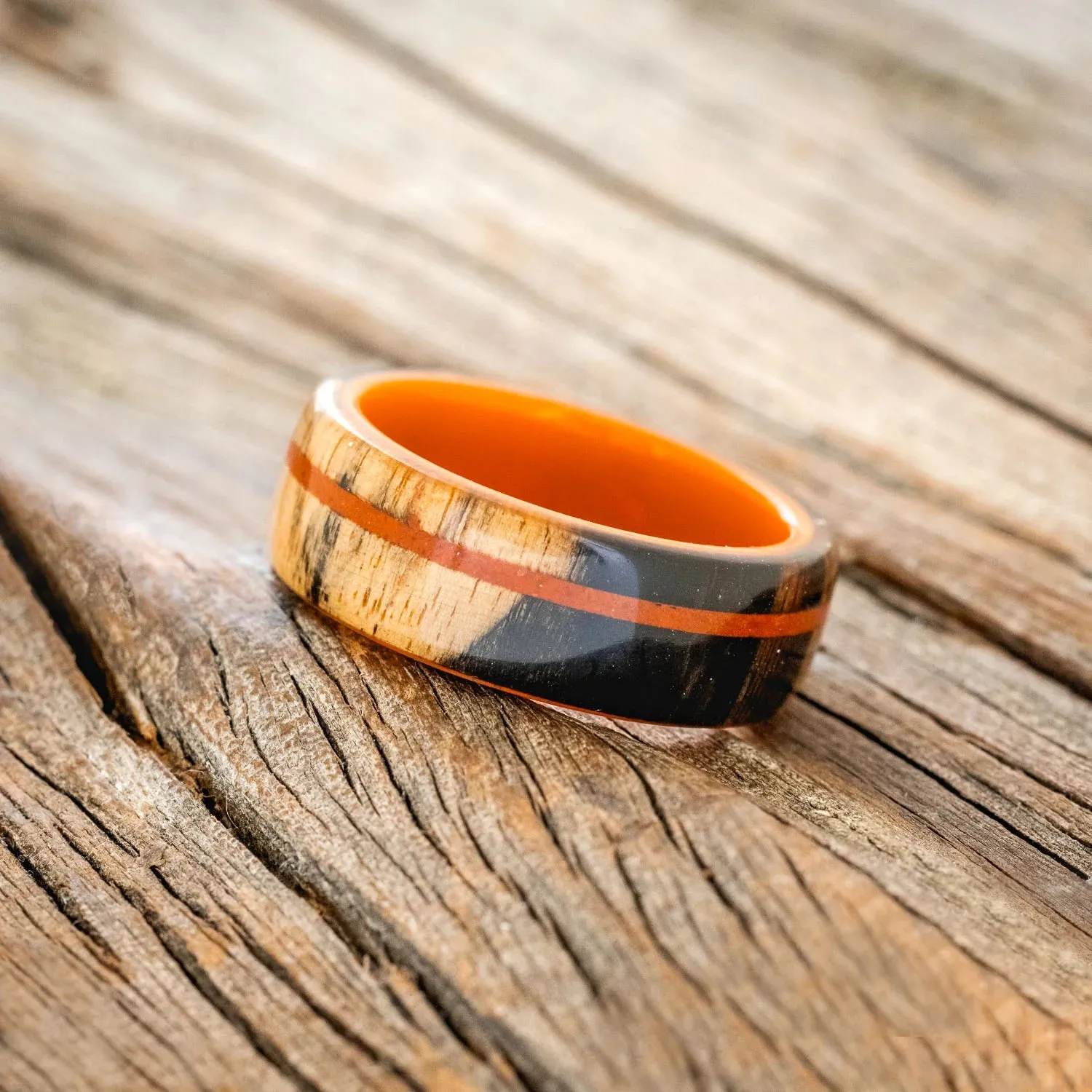 "REMMY" - BLACK & WHITE EBONY WOOD WITH JASPER WEDDING RING - ORANGE ACRYLIC LINING - SIZE 8 1/2