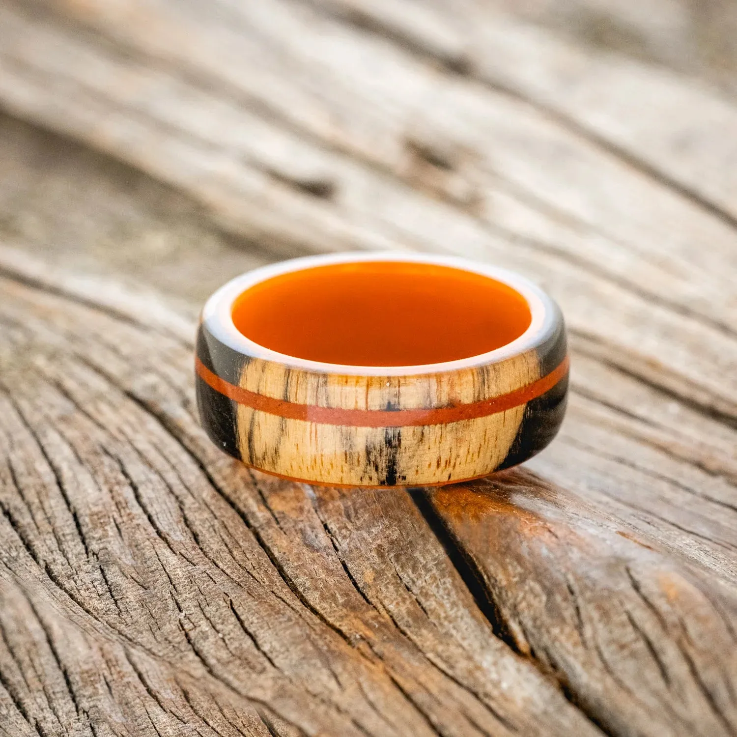 "REMMY" - BLACK & WHITE EBONY WOOD WITH JASPER WEDDING RING - ORANGE ACRYLIC LINING - SIZE 8 1/2