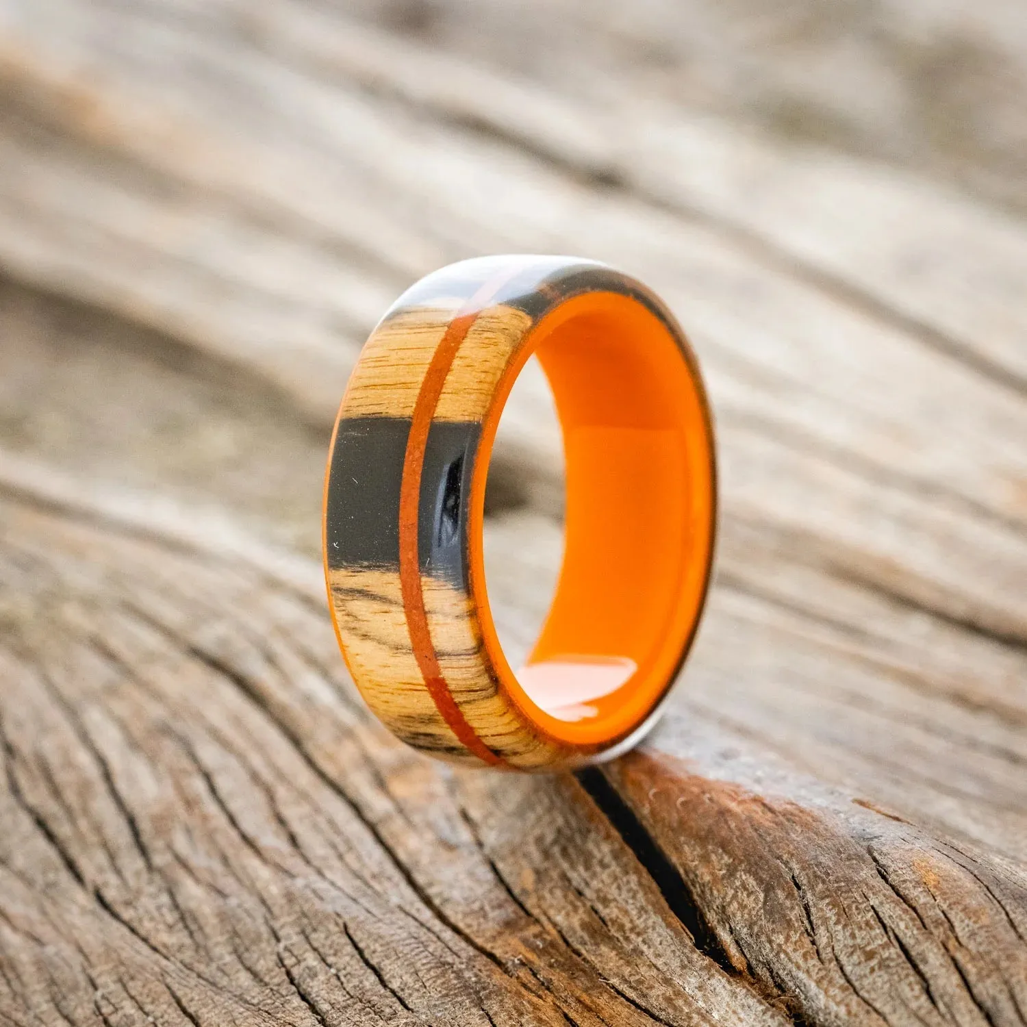 "REMMY" - BLACK & WHITE EBONY WOOD WITH JASPER WEDDING RING - ORANGE ACRYLIC LINING - SIZE 8 1/2