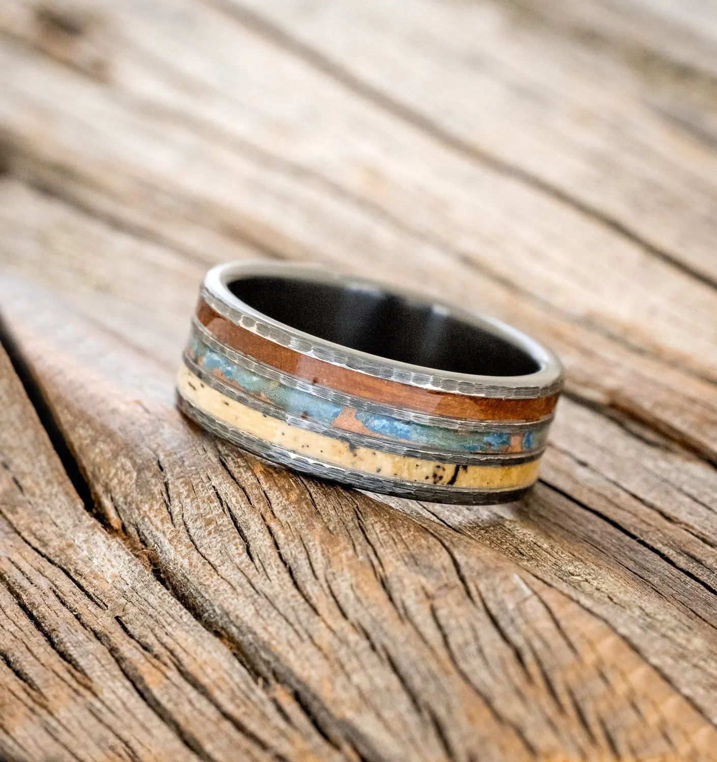 "RIO" - IRONWOOD, PATINA COPPER, & SPALTED MAPLE WEDDING BAND WITH A HAMMERED FINISH - BLACK ZIRCONIUM - SIZE 10