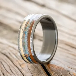 "RIO" - IRONWOOD, PATINA COPPER, & SPALTED MAPLE WEDDING BAND WITH A HAMMERED FINISH - BLACK ZIRCONIUM - SIZE 10