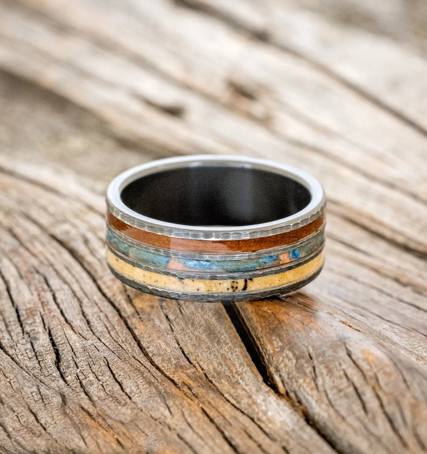 "RIO" - IRONWOOD, PATINA COPPER, & SPALTED MAPLE WEDDING BAND WITH A HAMMERED FINISH - BLACK ZIRCONIUM - SIZE 10