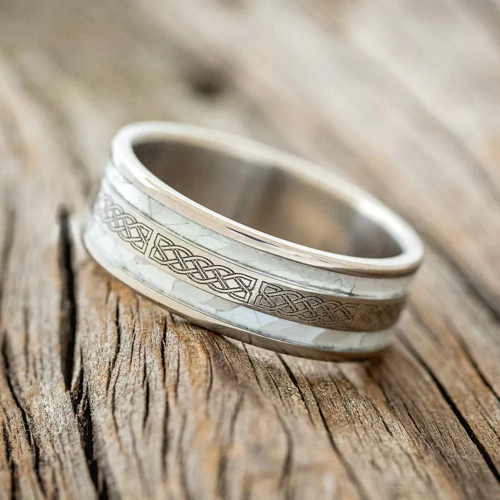 "RYDER" - CELTIC SAILOR'S KNOT ENGRAVED & MOTHER OF PEARL WEDDING RING - TITANIUM - SIZE 13 3/4