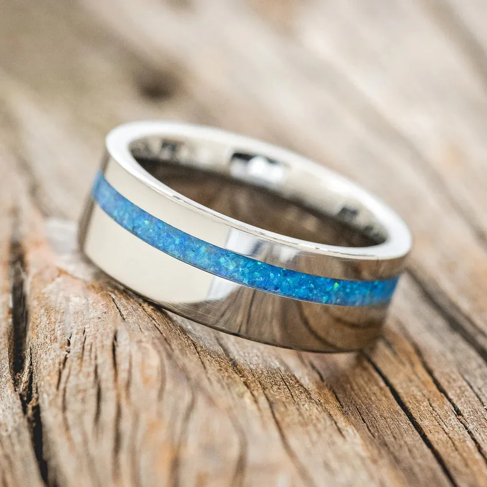 "VERTIGO" - BLUE OPAL WEDDING BAND - TUNGSTEN - SIZE 12