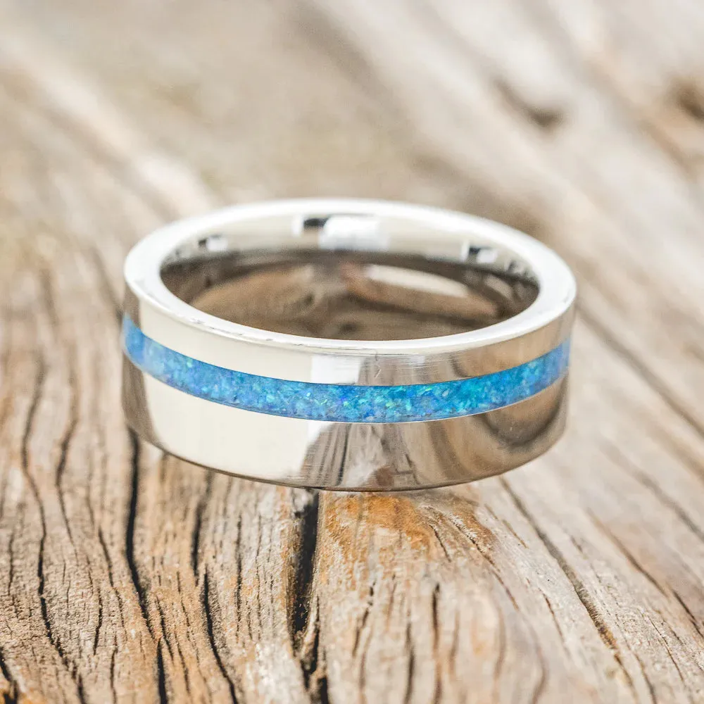 "VERTIGO" - BLUE OPAL WEDDING BAND - TUNGSTEN - SIZE 12