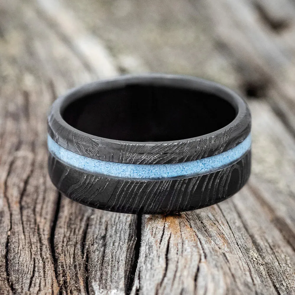 "VERTIGO" - TURQUOISE WEDDING RING WOODGRAIN - BLACK ZIRCONIUM - 11