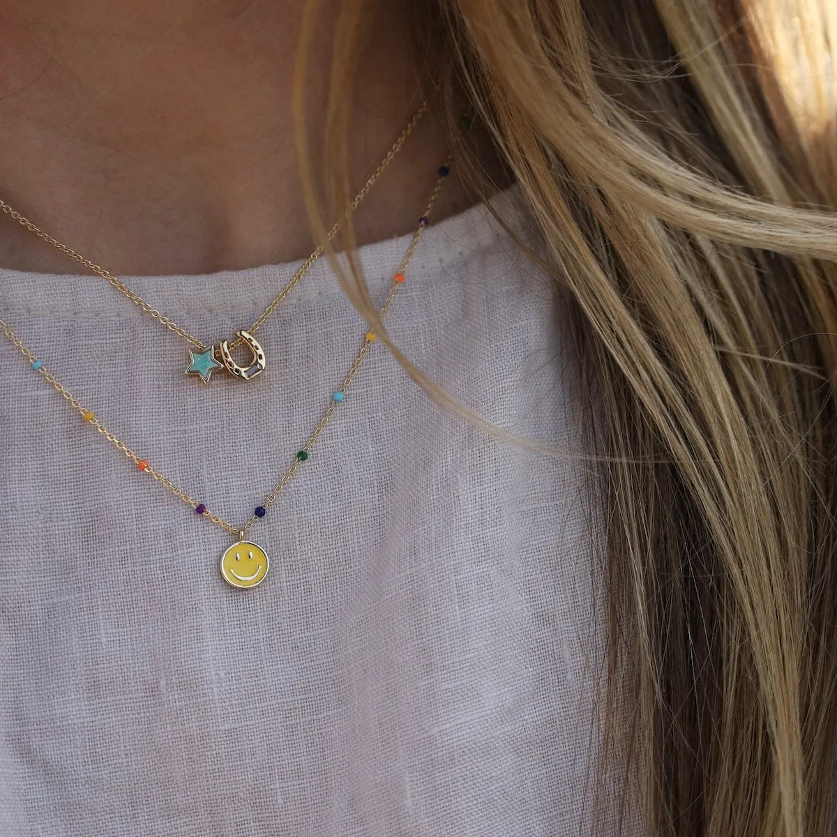 Rainbow Epoxy Chain with Yellow Enamel Smiley Face Necklace