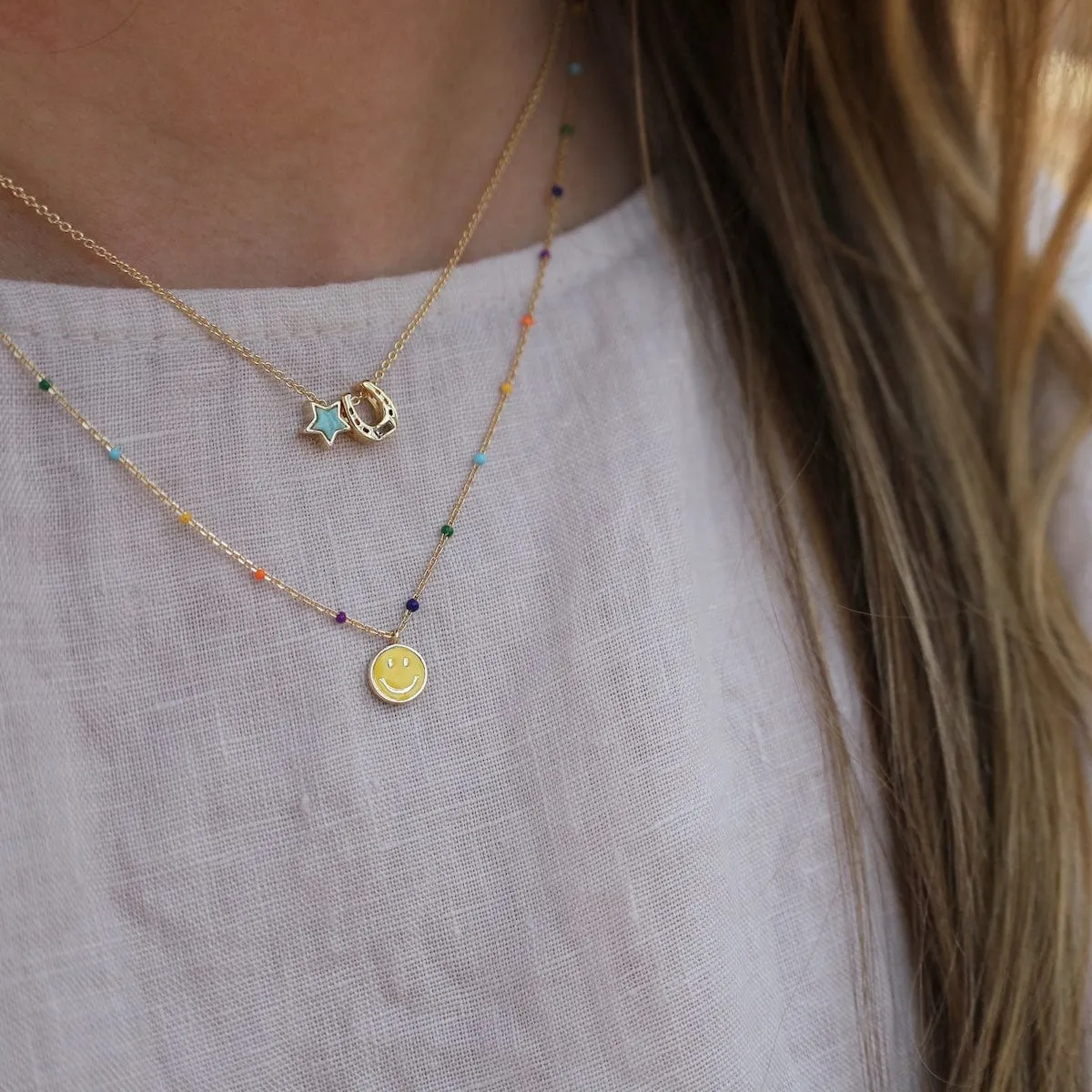 Rainbow Epoxy Chain with Yellow Enamel Smiley Face Necklace