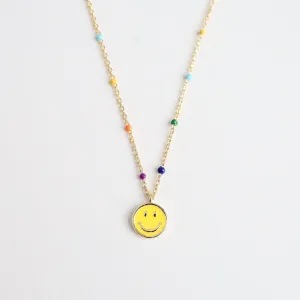 Rainbow Epoxy Chain with Yellow Enamel Smiley Face Necklace