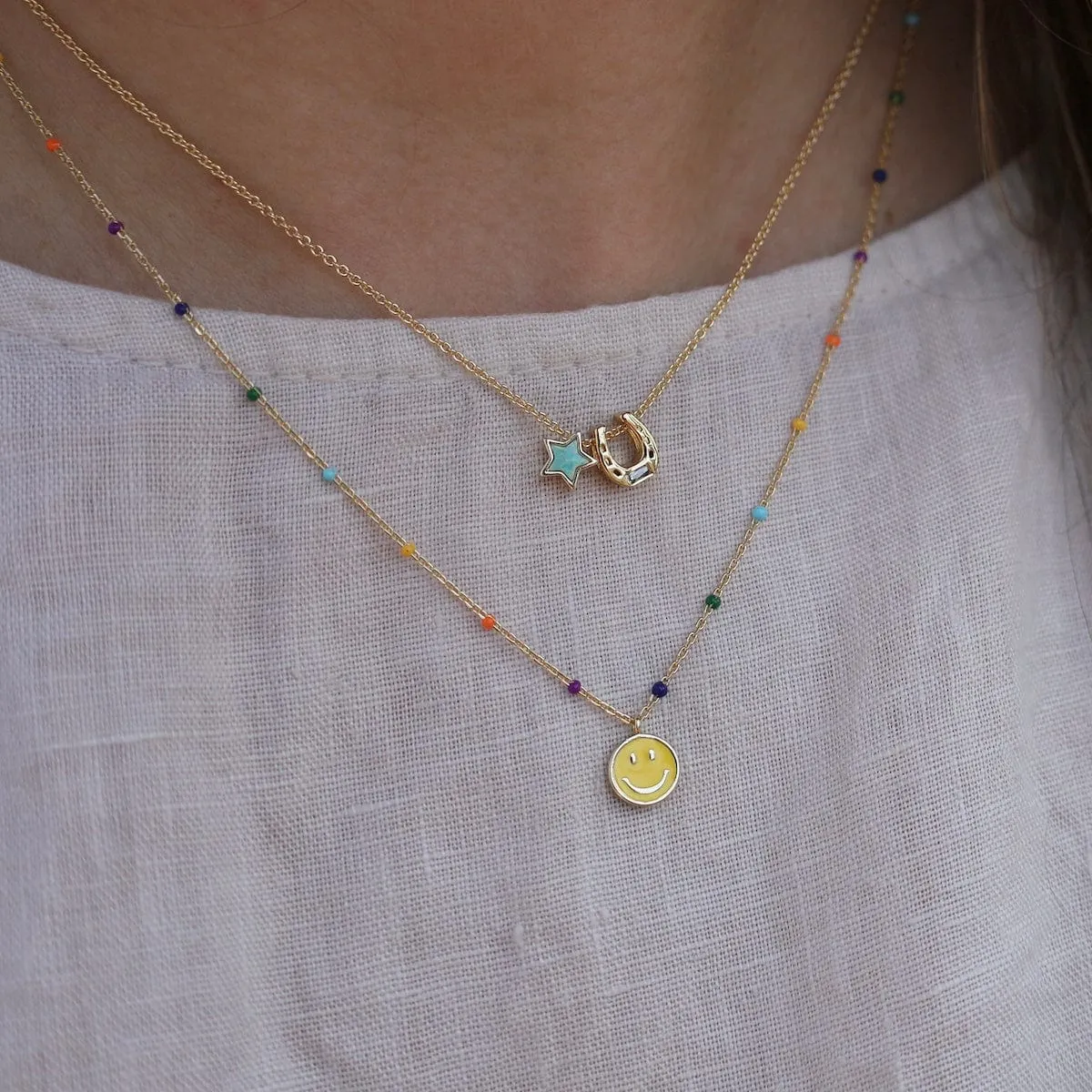 Rainbow Epoxy Chain with Yellow Enamel Smiley Face Necklace