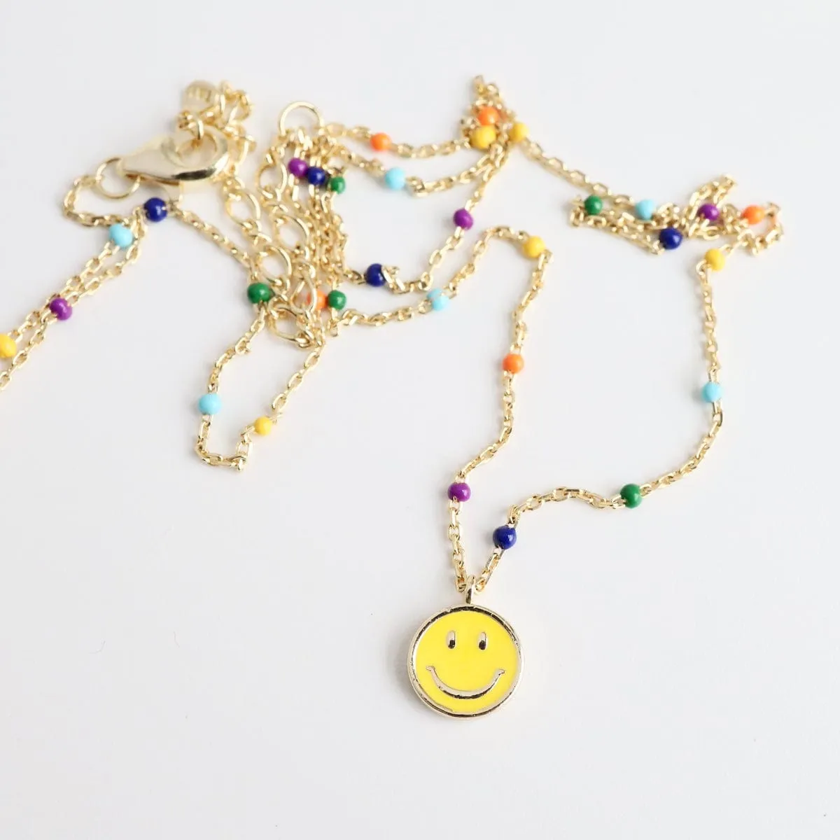 Rainbow Epoxy Chain with Yellow Enamel Smiley Face Necklace