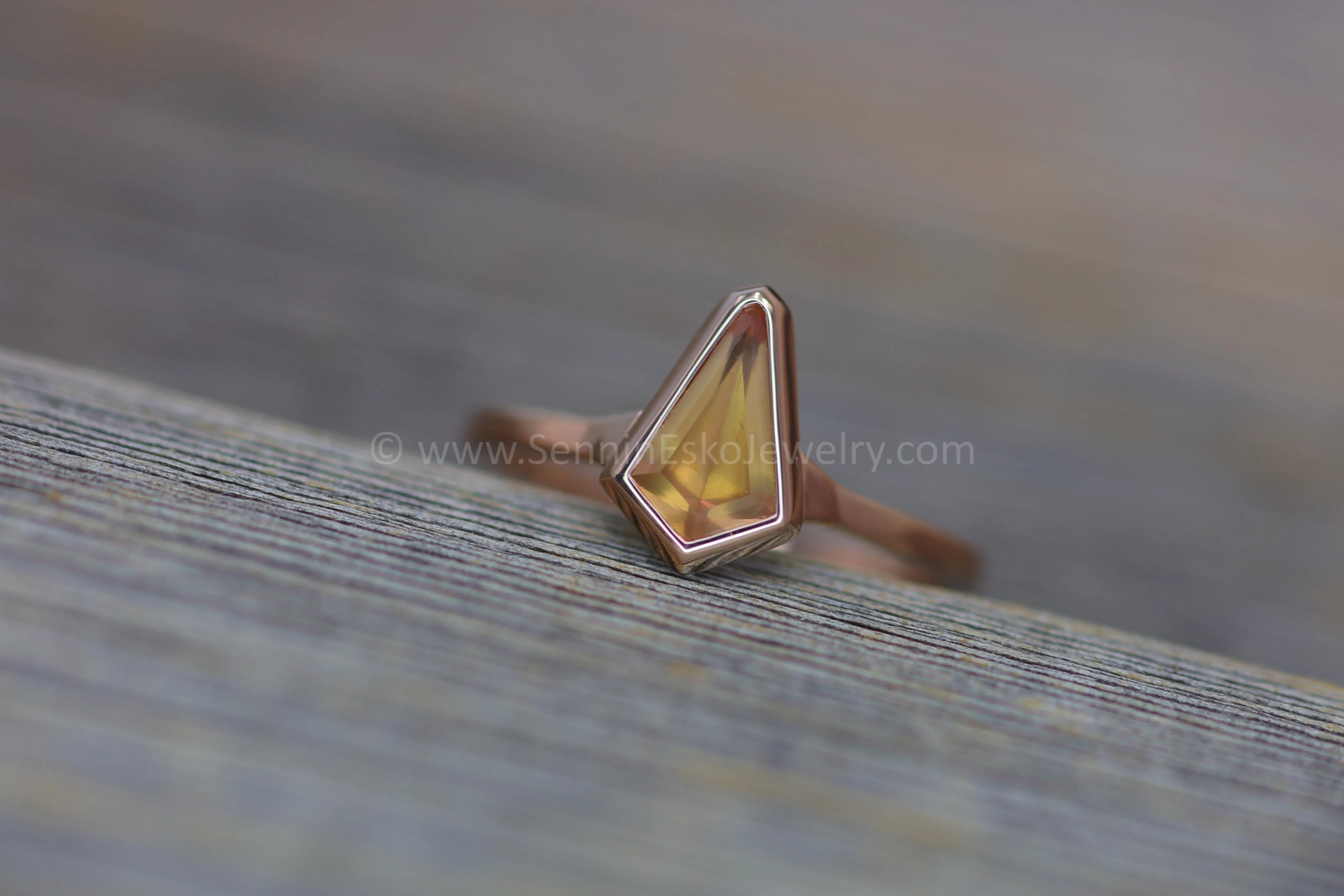 READY TO SHIP 0.85 Carat Orange Sapphire Kite Rose Gold Bezel Ring - Size 6.5