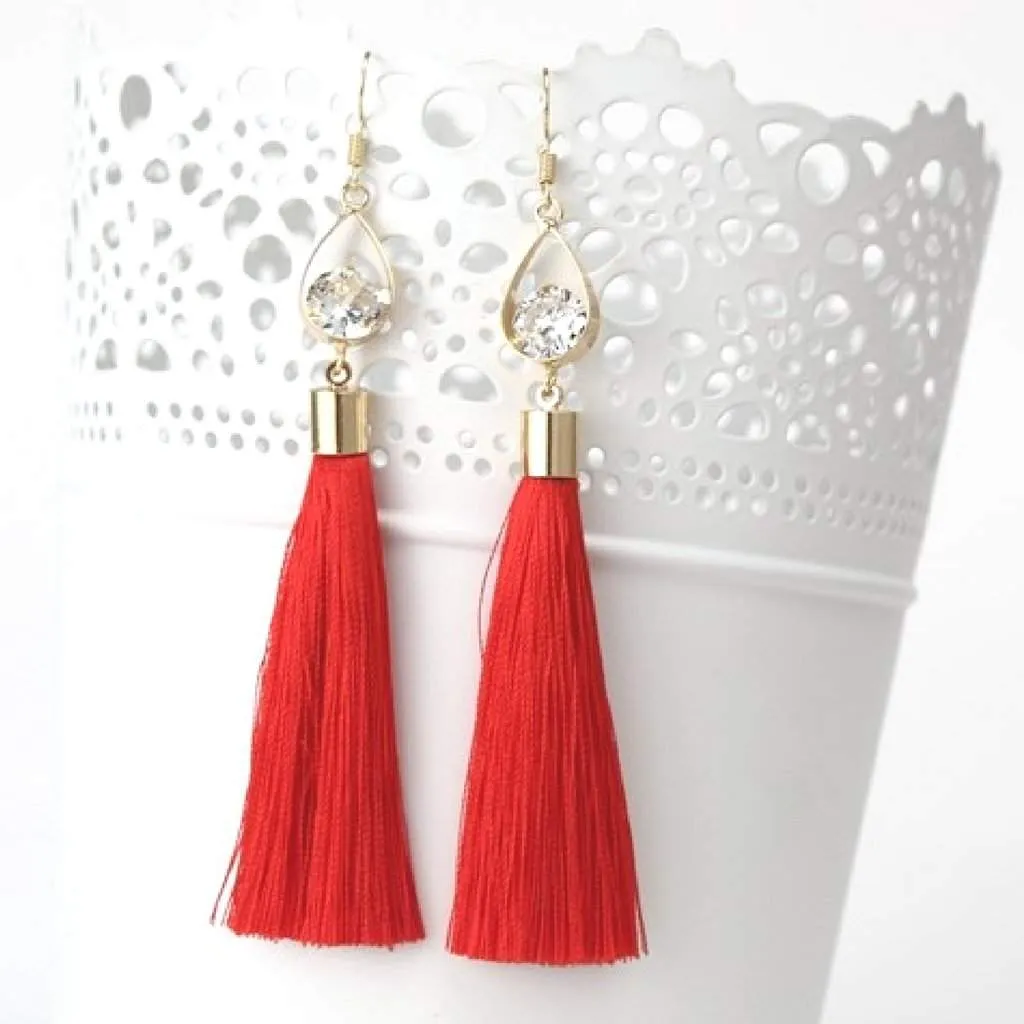 Red Tassel Earrings with Gold Oval and Crystal