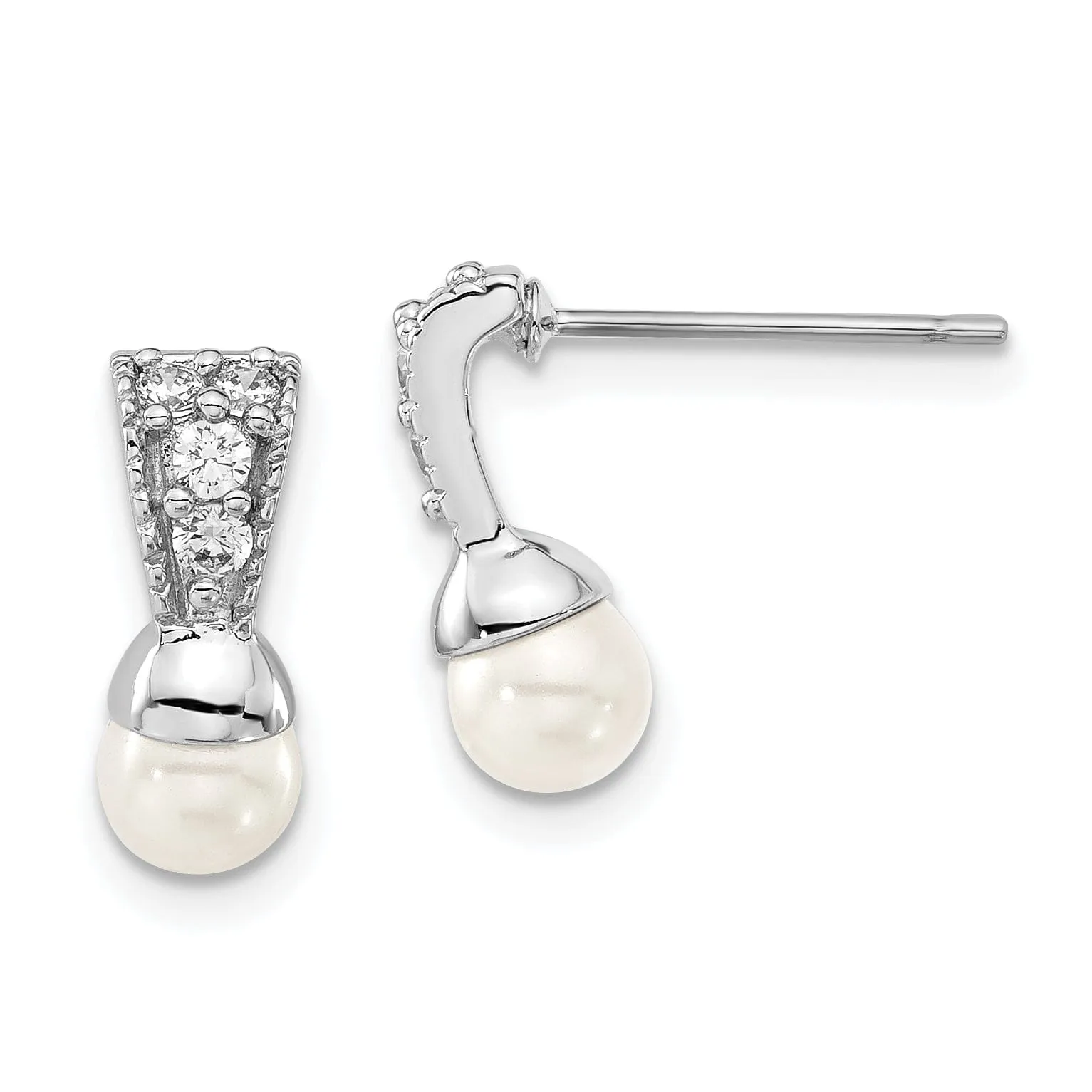 Rhodium Plated Glass Pearl Cubic Zirconia Earrings