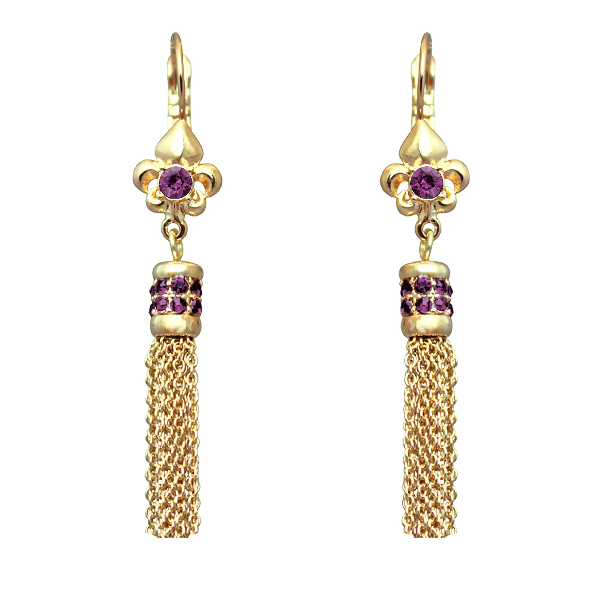 Ritzy Couture Fleur-de-Lis Amethyst Crystal Tassel Leverback Earrings - Goldtone