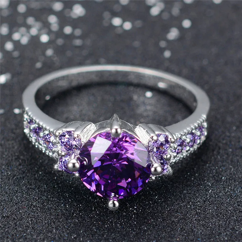 Round Amethyst White Gold Filled Ring Lady's 10KT Finger Rings For Women Fashion Sapphire Jewelry