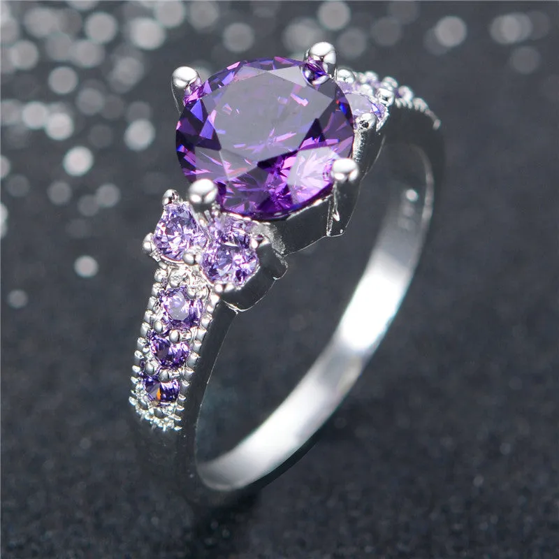 Round Amethyst White Gold Filled Ring Lady's 10KT Finger Rings For Women Fashion Sapphire Jewelry