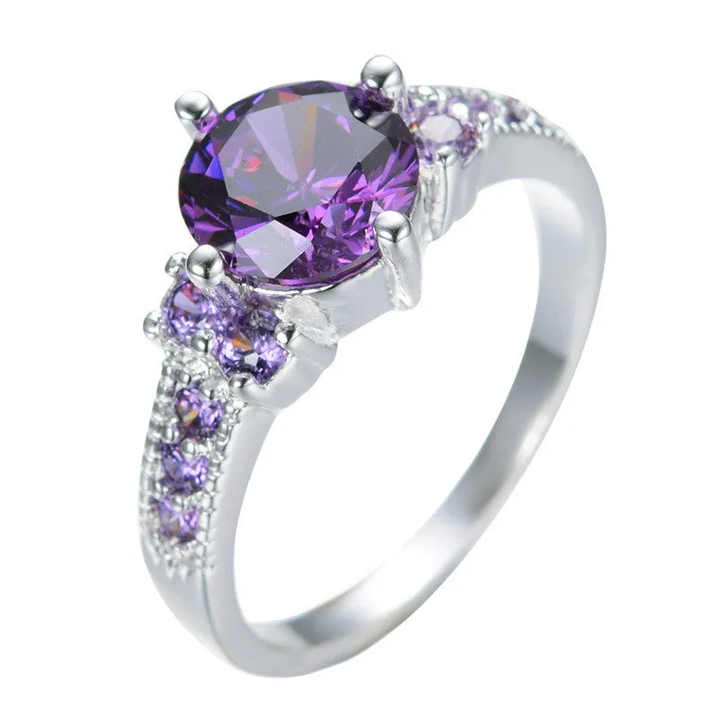 Round Amethyst White Gold Filled Ring Lady's 10KT Finger Rings For Women Fashion Sapphire Jewelry