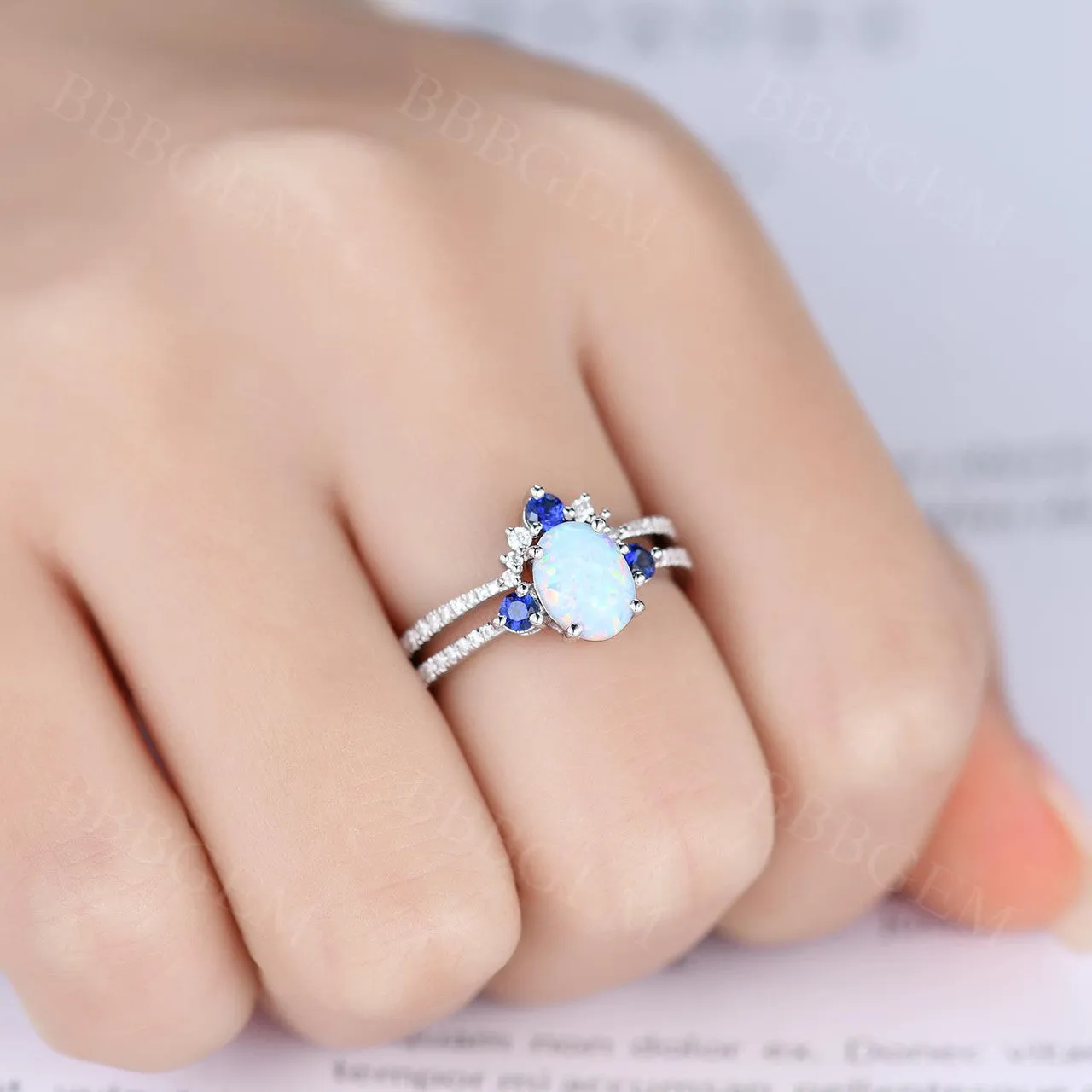 Sapphire Opal Bridal Set Antique Diamond Wedding Matching Band Women Engagement Ring Set