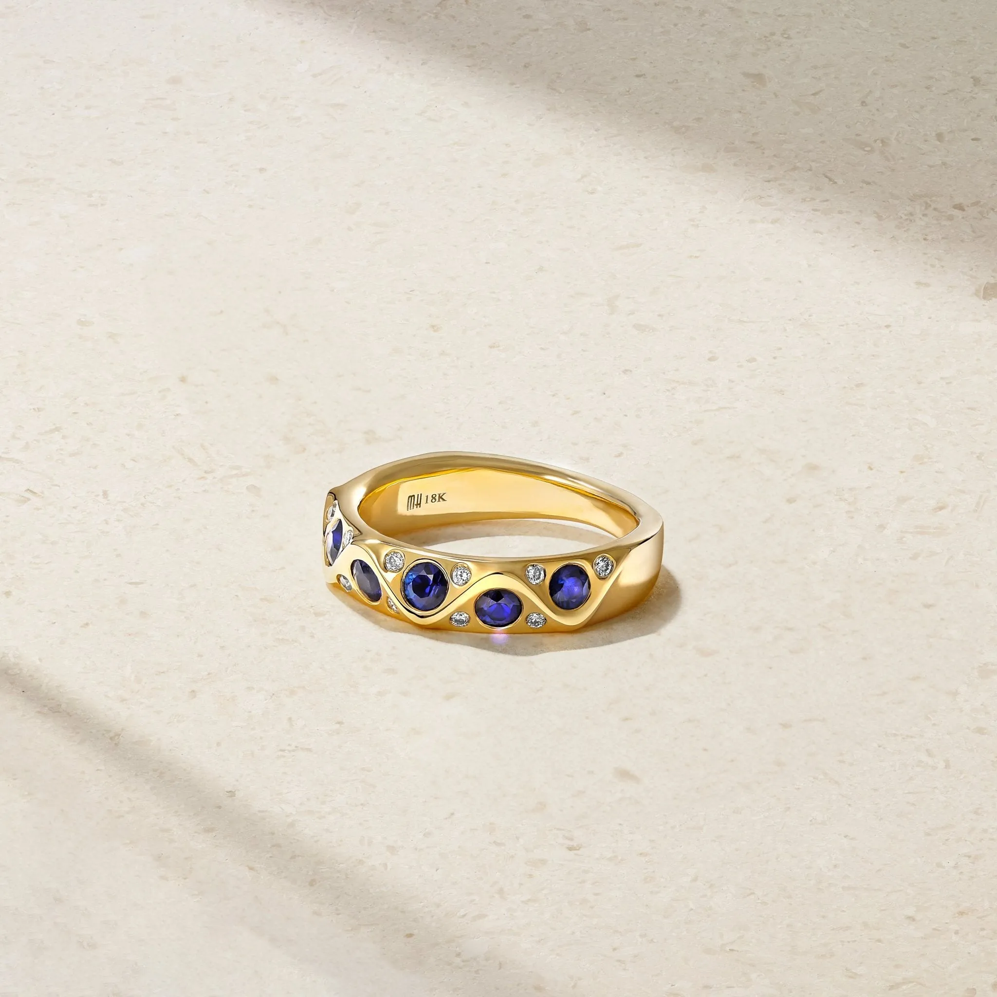 Sculpted Sapphire and Diamond Wave Ring