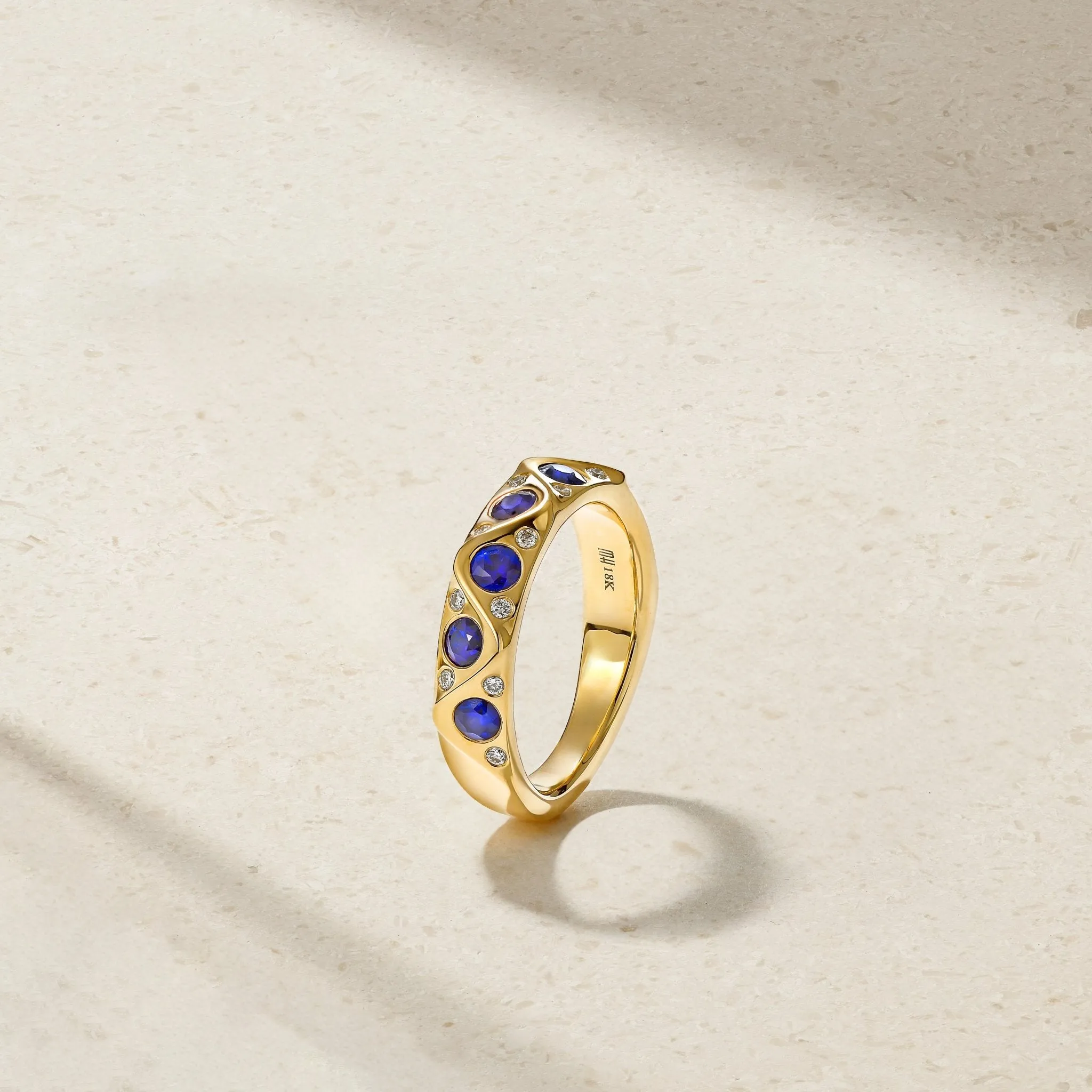 Sculpted Sapphire and Diamond Wave Ring