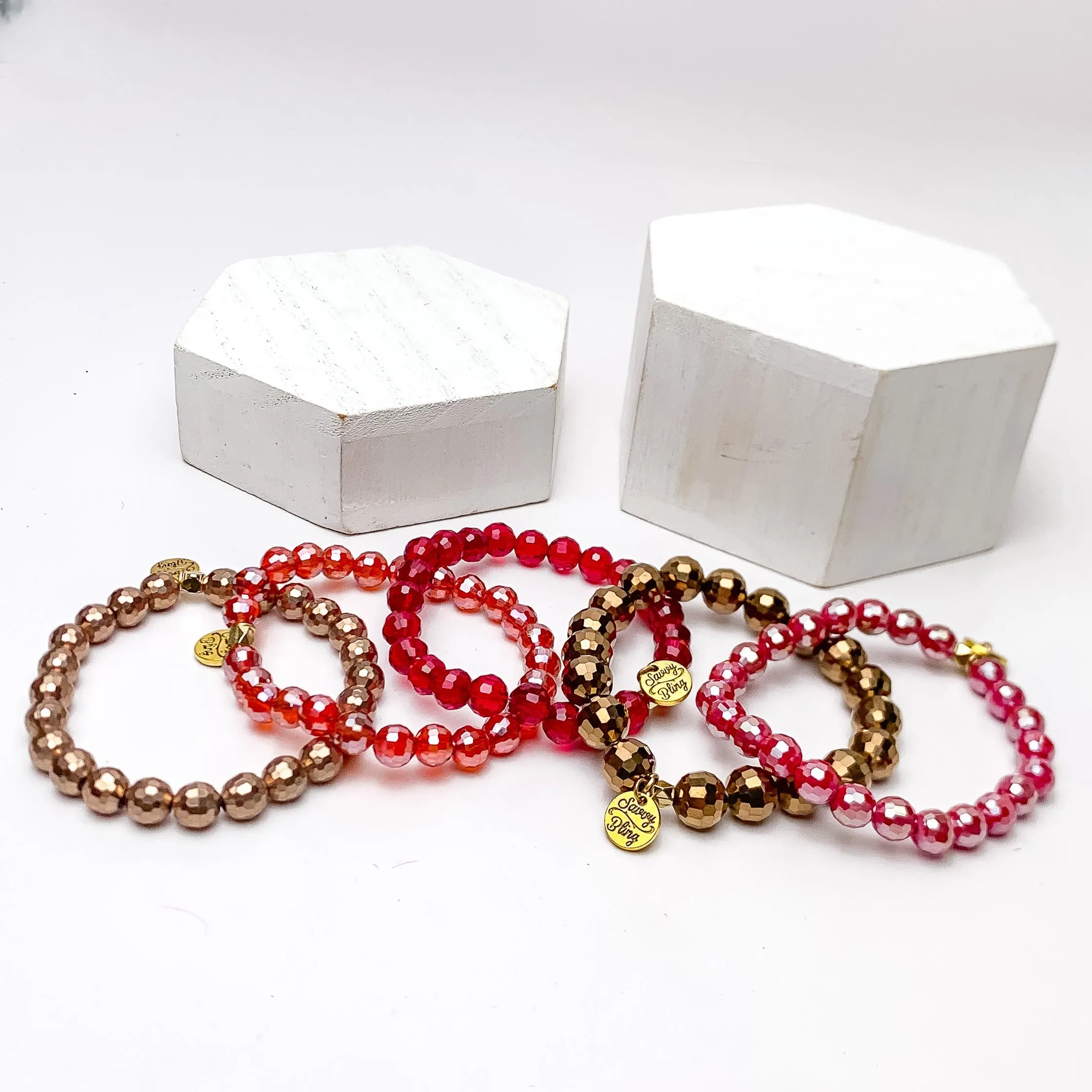 Set of Five | All Nighter Crystal Beaded Bracelet Set in Red and Gold Tones