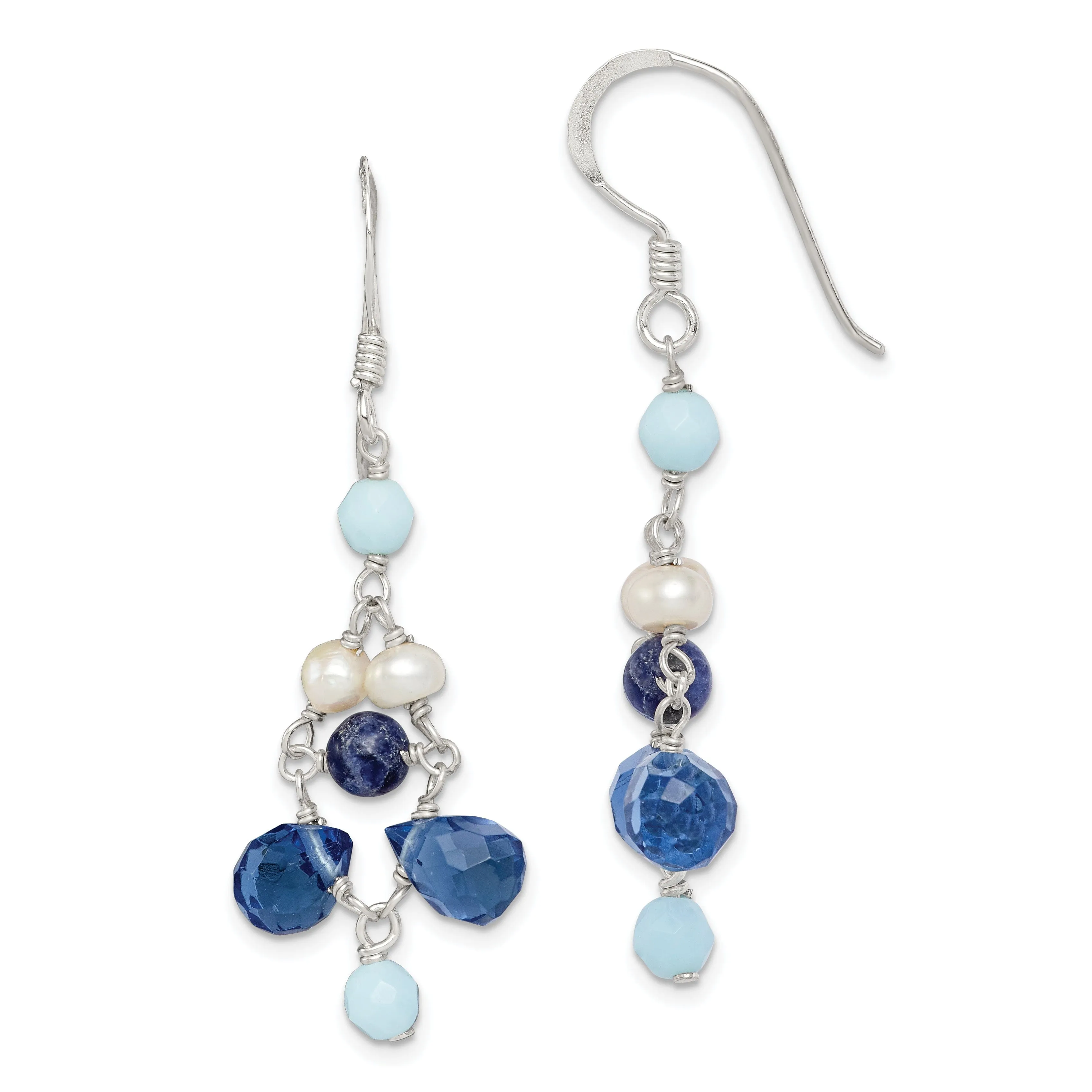 Silver Blue Crystal Lapis Pearl Dangle Earrings