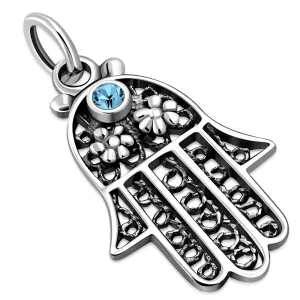 Silver filigree Hamsa Pendantw/ Blue Topaz Swarovski