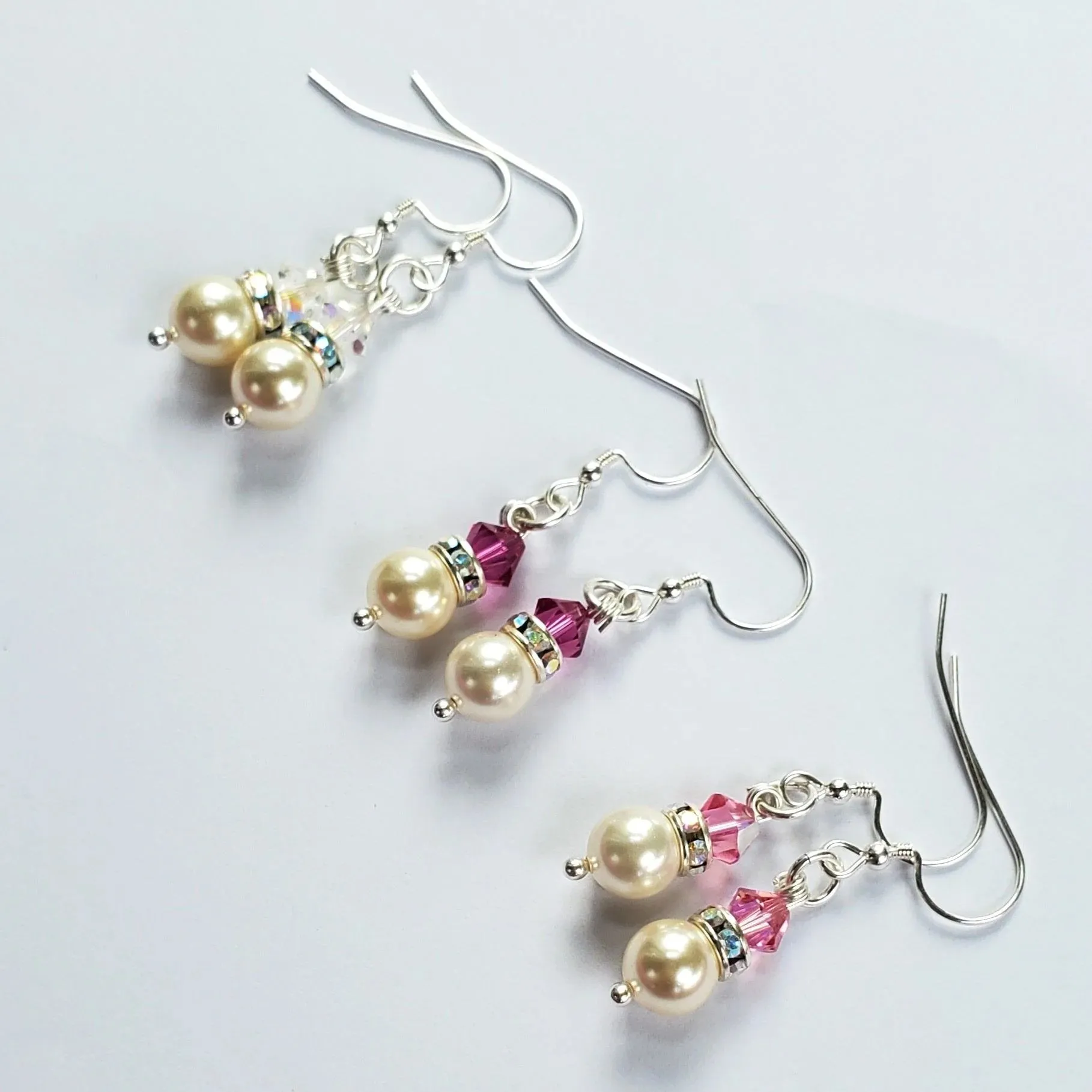 Silver Swarovski Crystal Pearl Stack Earrings in Various Colors