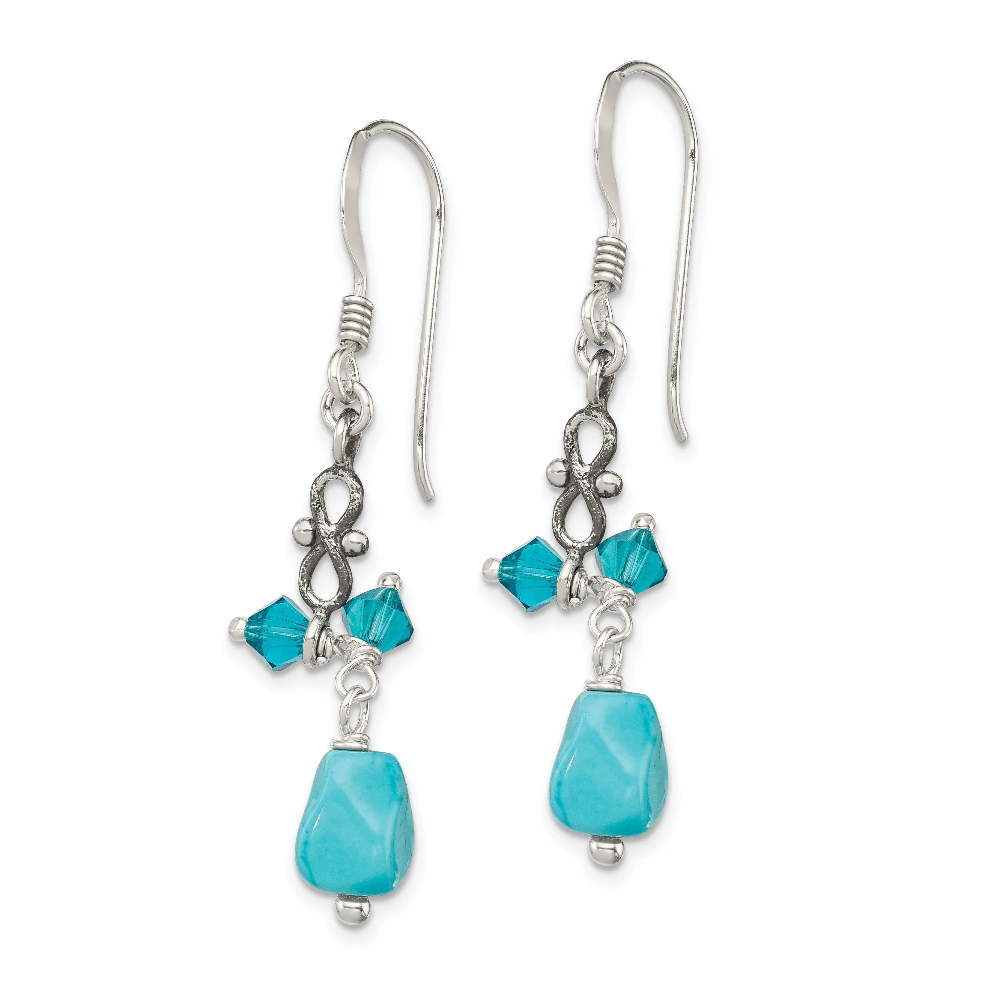 Silver Turquoise Blue Crystal Antiqued Earrings