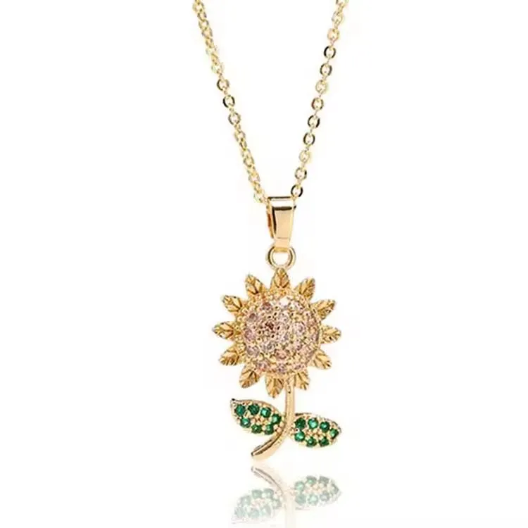 SISSLIA Luxury Gold Plated Copper Zircon Colorful Titanium Steel Chain Sunflower Pendant Necklace