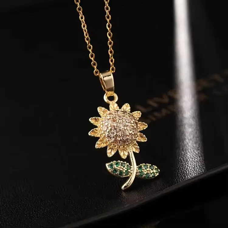 SISSLIA Luxury Gold Plated Copper Zircon Colorful Titanium Steel Chain Sunflower Pendant Necklace