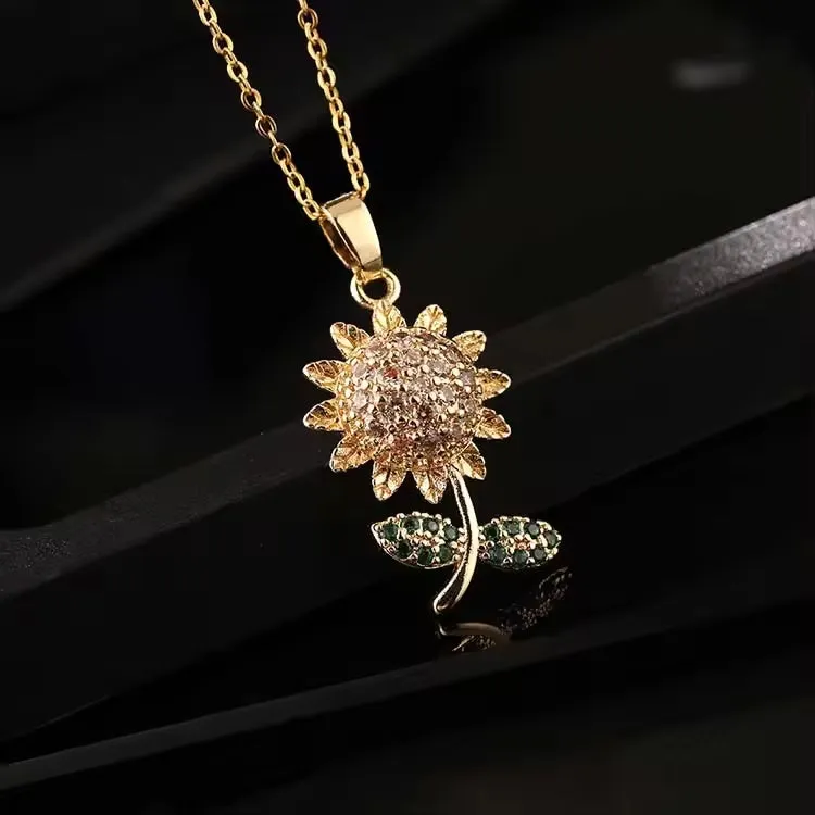 SISSLIA Luxury Gold Plated Copper Zircon Colorful Titanium Steel Chain Sunflower Pendant Necklace