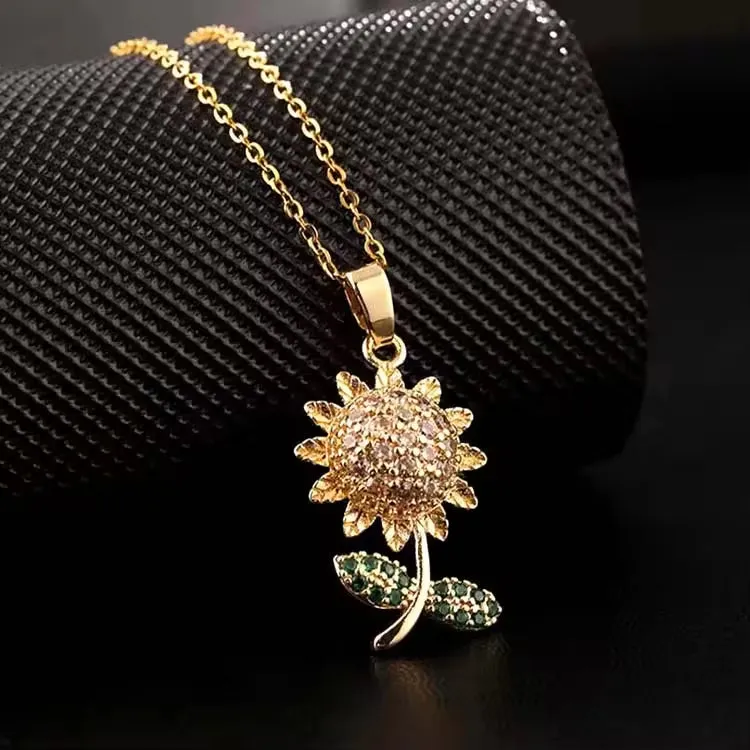 SISSLIA Luxury Gold Plated Copper Zircon Colorful Titanium Steel Chain Sunflower Pendant Necklace