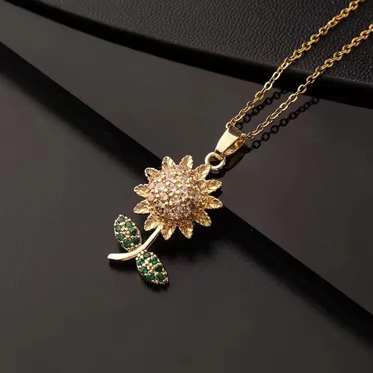 SISSLIA Luxury Gold Plated Copper Zircon Colorful Titanium Steel Chain Sunflower Pendant Necklace