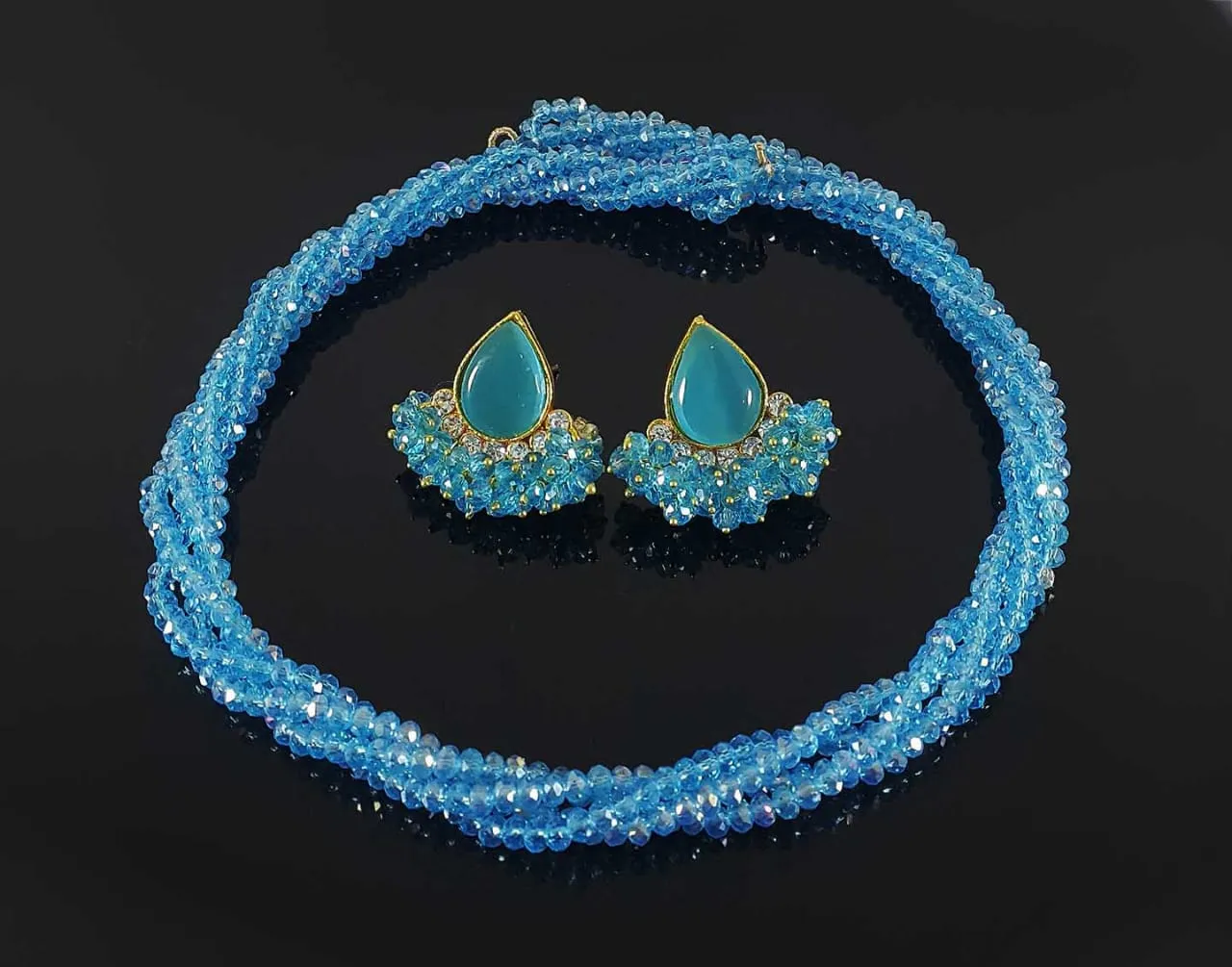 Sky Blue colored crystal pearls beads necklace & earrings set