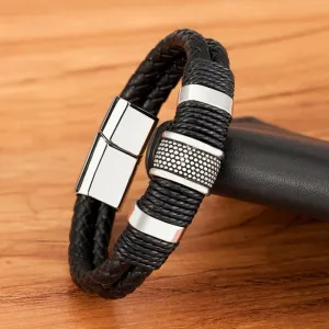 Stainless Steel Cowhide Rope Double Braided Bracelet Men's Metal