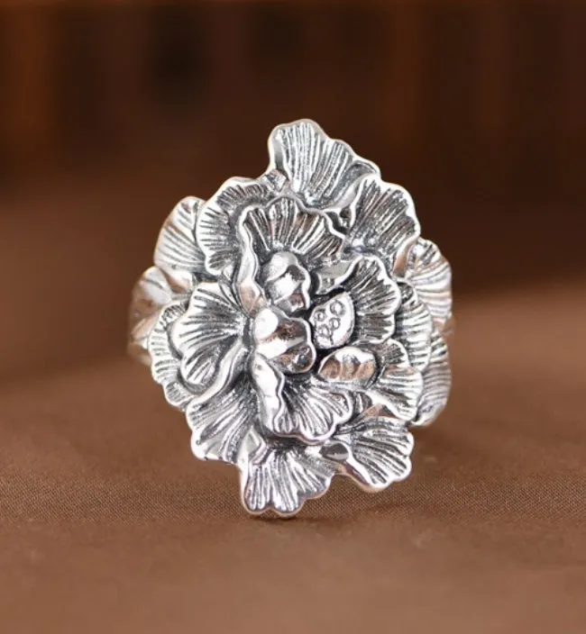 Sterling Silver Peony Flower Adjustable Ring Adjustable Ring,Anniversary Ring Gift  0036