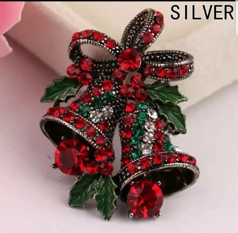 Stunning diamonte silver plated vintage look christmas bells brooch xmas pin b12