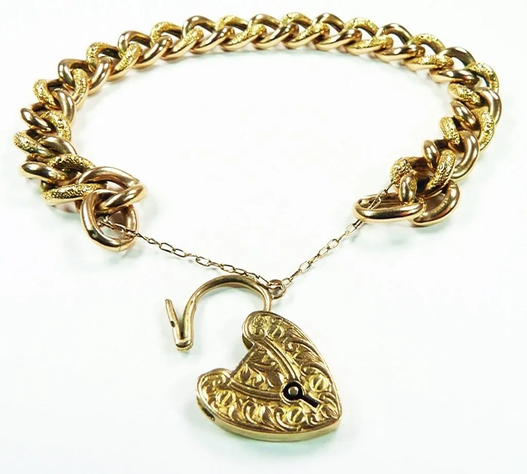 Superb Cased Fully Hallmarked Victorian 9ct Rose Gold Curb Bracelet With Heart Padlock Clasp