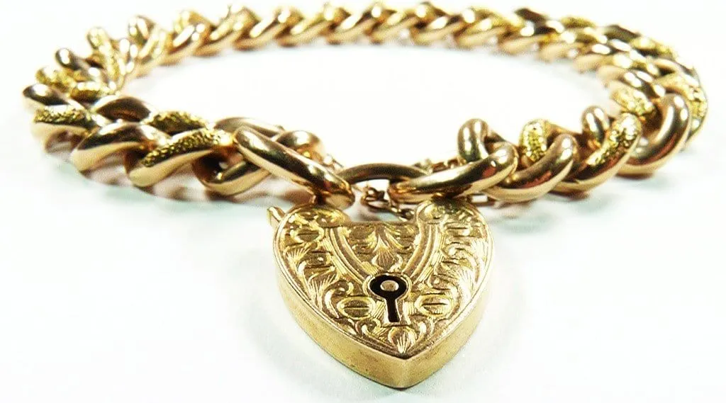 Superb Cased Fully Hallmarked Victorian 9ct Rose Gold Curb Bracelet With Heart Padlock Clasp