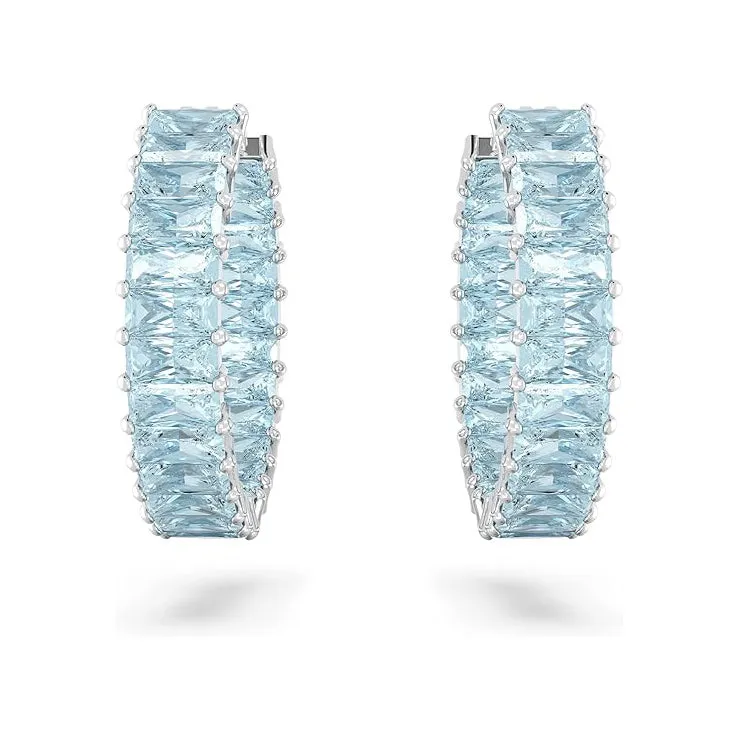 Swarovski Part of the Matrix Collection Women's Princess Cut Blue Crystals on Rhodium Finished Setting Matrix Hoop Earrings - 5659037