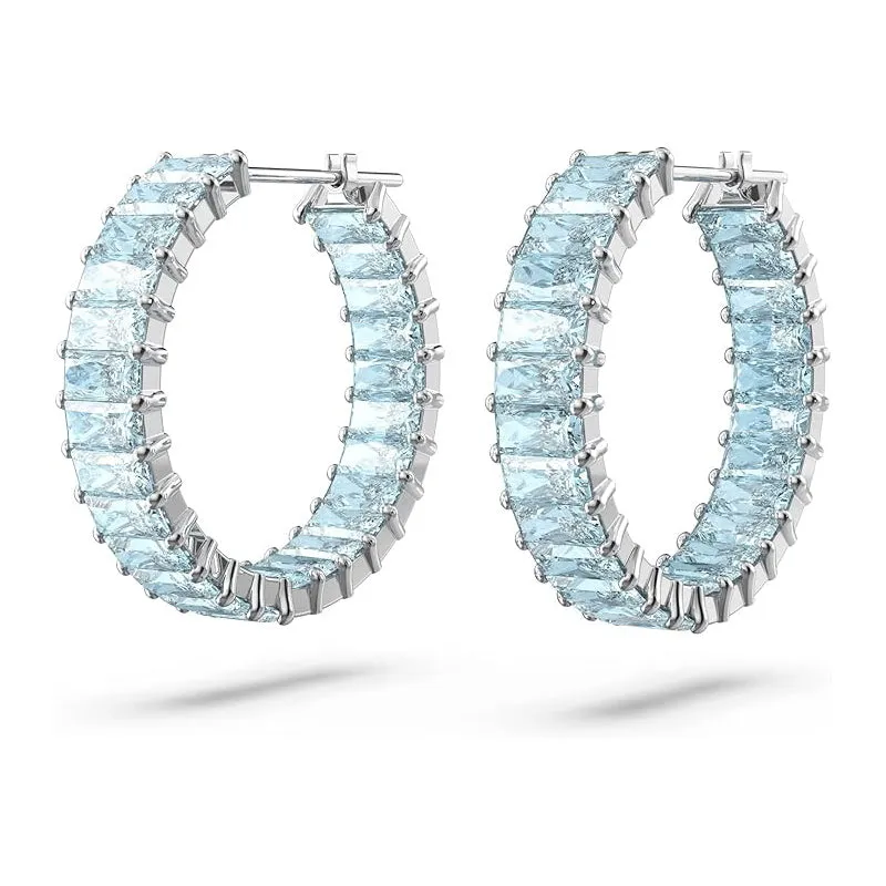 Swarovski Part of the Matrix Collection Women's Princess Cut Blue Crystals on Rhodium Finished Setting Matrix Hoop Earrings - 5659037