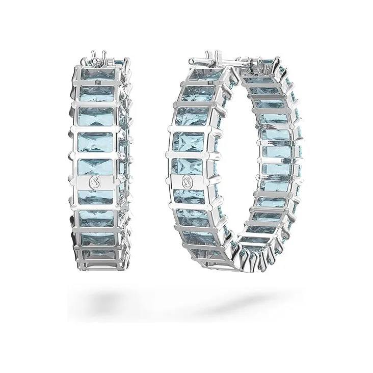 Swarovski Part of the Matrix Collection Women's Princess Cut Blue Crystals on Rhodium Finished Setting Matrix Hoop Earrings - 5659037